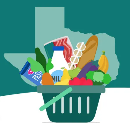 icon Texas state outline with grocery basket in front of it
