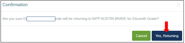 screenshot of an enrollment confirmation page, arrow pointing to "Yes, Returning"