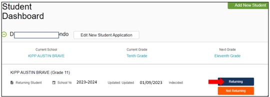 Student dashboard screenshot with arrow pointing to "Returning" button